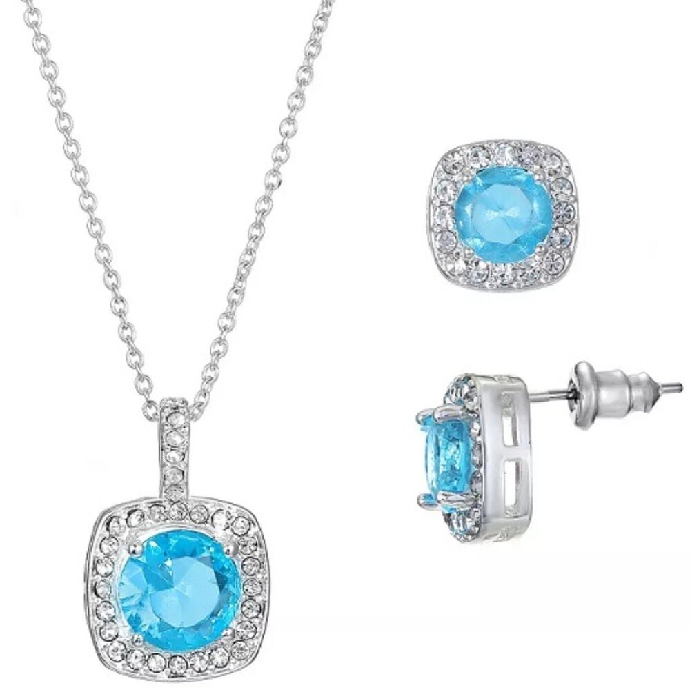 PRIMAVERA 2pc Contemporary Silver Plated Aquamarine CZ Necklace/Earrings Set~NEW